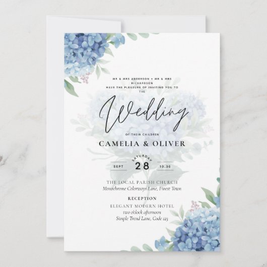 Moderne Blauwe Hortensia FOTO Trouw Uitnodiging (Voorkant)