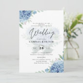 Moderne Blauwe Hortensia FOTO Trouw Uitnodiging (Staand voorkant)