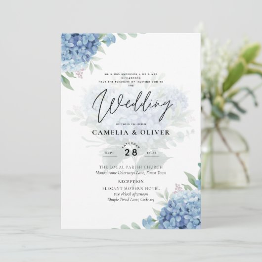 Moderne Blauwe Hortensia FOTO Trouw Uitnodiging (Staand voorkant)