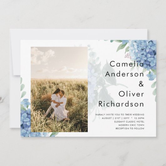 Moderne Blauwe Hortensia FOTO Trouwuitnodiging Kaart (Voorkant)