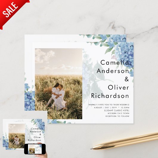 Moderne Blauwe Hortensia FOTO Trouwuitnodiging Kaart