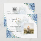 Moderne Blauwe Hortensia Huwelijksuitnodiging QR C Briefkaart (Voorkant / Achterkant)