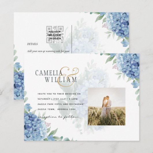 Moderne Blauwe Hortensia Huwelijksuitnodiging QR C Briefkaart (Voorkant / Achterkant)
