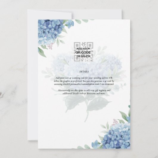 Moderne Blauwe Hortensia Huwelijksuitnodiging QR C Kaart (Achterkant)
