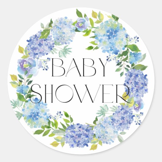 Moderne blauwe hortensia krans baby shower ronde sticker (Voorkant)