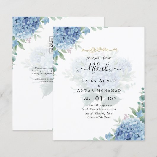 Moderne Blauwe Hortensia Trouw Uitnodiging QR Code (Voorkant / Achterkant)