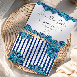Moderne Blauwe Hortensia's Navy Blauwe Gestreepte  Save The Date