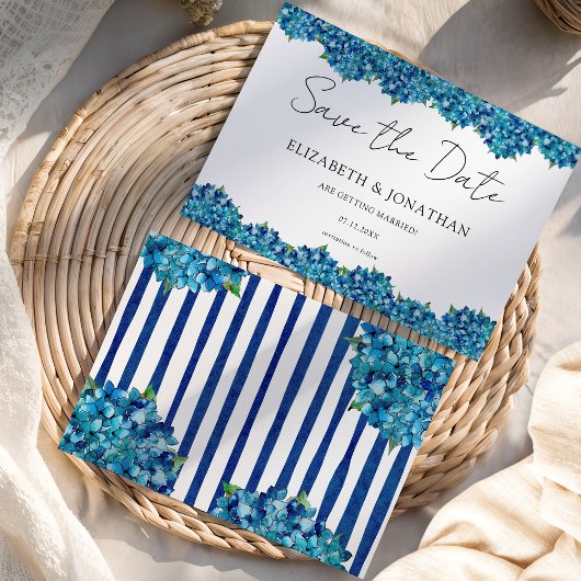 Moderne Blauwe Hortensia's Navy Blauwe Gestreepte Save The Date