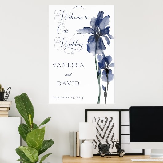 Moderne blauwe iris bloem gecentreerd bruiloft poster (Thuiskantoor)