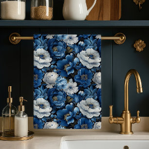 Moderne Blauwe Ivoren Bloem Decorative Keukenhandd Theedoek