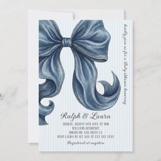 Moderne blauwe jeans boog baby shower kaart (Voorkant)