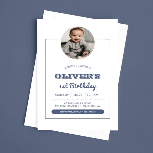 Moderne Blauwe Jongens Foto 1e Verjaardag Kaart