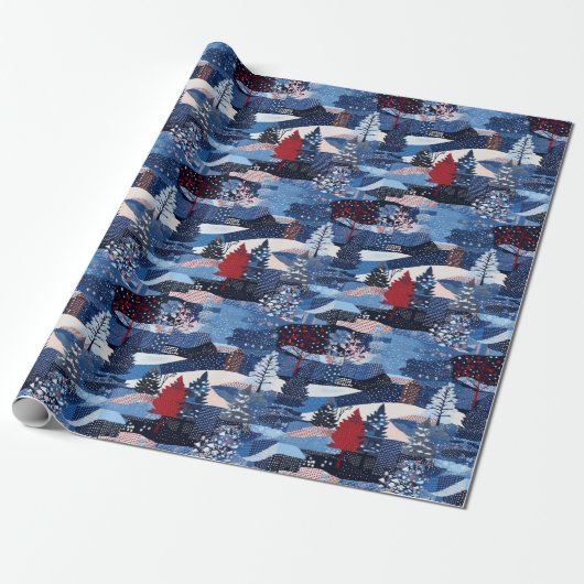 Moderne blauwe kerstbomen patchwork cadeaupapier (Uitgerold)