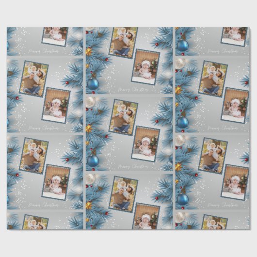 Moderne Blauwe Kerstboom 2 Fotoliefkerst Cadeaupapier (Vlak)