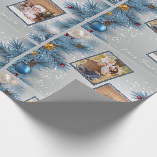 Moderne Blauwe Kerstboom 2 Fotoliefkerst Cadeaupapier (Hoek)