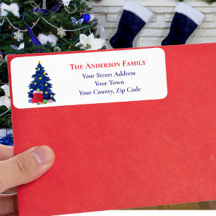 Moderne Blauwe Kerstboom Rood Santa Sack Naam Etiket