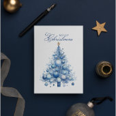 Moderne Blauwe Kerstboom Waterverf Custom Photo Feestdagenkaart