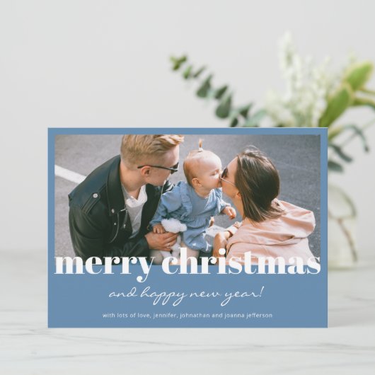 Moderne blauwe kerstkaart op maat (Staand voorkant)