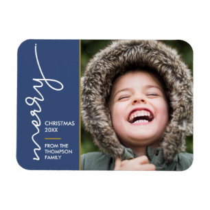 Moderne blauwe kerstkaart voor Merry-kerstscript Magneet