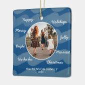 Moderne Blauwe Kerstwens Familie Foto Keepomwille Keramisch Ornament (Links)