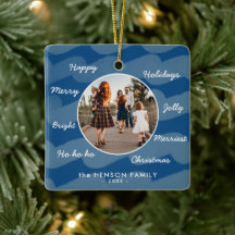 Moderne blauwe kerstwensen familie foto aandenken