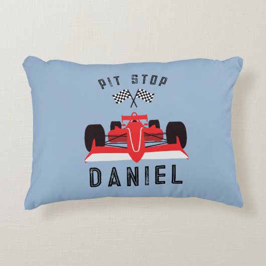 Moderne Blauwe Kinder Rode Racing Auto Accent Kussen (Voorkant)