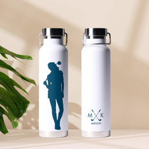 Moderne Blauwe Kleur Vrouw Golfer Monogram Waterfles