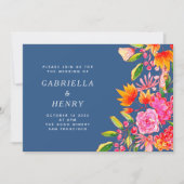 Moderne Blauwe Kleurrijke Bloementuin Bruiloft Kaart (Voorkant)