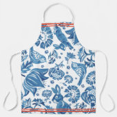 Moderne  Blauwe Konijnenvogel Bloemen Folk Art Schort (Voorkant)