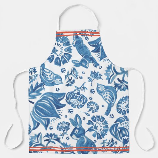 Moderne  Blauwe Konijnenvogel Bloemen Folk Art Schort (Voorkant)