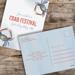 Moderne Blauwe Krab Waterverf Minimalistische Kust Briefkaart