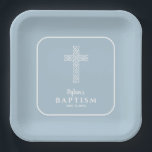 Moderne Blauwe Kruis Communie doop doop doop Papieren Bordje<br><div class="desc">Papieren borden met een open wit kruis op een elegante babyblauwe achtergrond zijn ideaal voor de eerste communie,  doop,  doop,  bevestiging of inwijdingsfeest of receptie van uw kind. Bijpassende uitnodigingen en meer in ons collectie.</div>