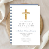 Moderne Blauwe Kruis Jongen Eerste Communie Kaart