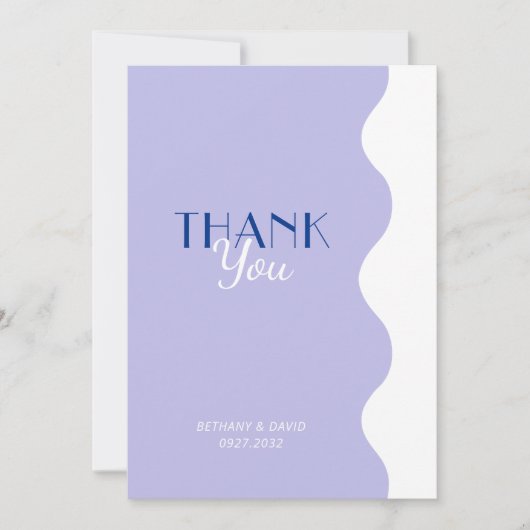 Moderne blauwe lavendel golf rand foto bruiloft bedankkaart (Voorkant)