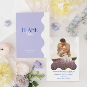 Moderne Blauwe Lavendel Wave Border Foto Bruiloft Bedankkaart