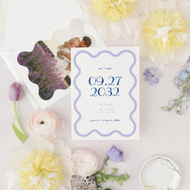 Moderne Blauwe Lavendel Wave Scallop Foto Bruiloft Save The Date