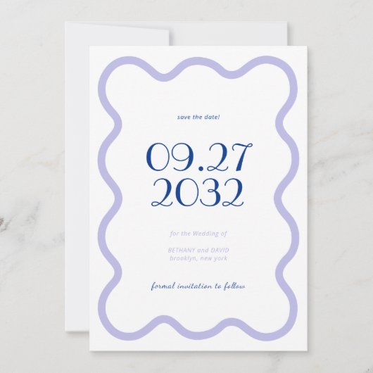 Moderne Blauwe Lavendel Wave Scallop Foto Bruiloft Save The Date (Voorkant)