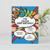 Moderne blauwe leuke verjaardagsfeest stripboek vo kaart (Staand voorkant)