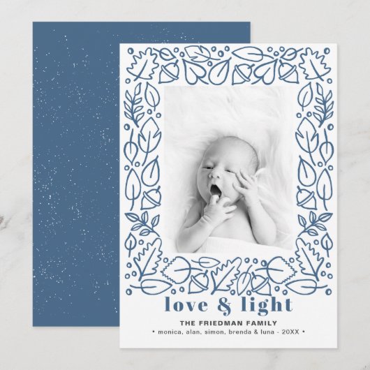 Moderne Blauwe Liefde & Licht Chanoeka Foto Feestdagenkaart (Voorkant / Achterkant)