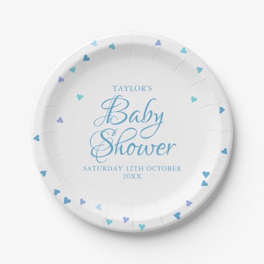 Moderne Blauwe Liefdesharten Baby Shower Strooikri Papieren Bordje (Voorkant)
