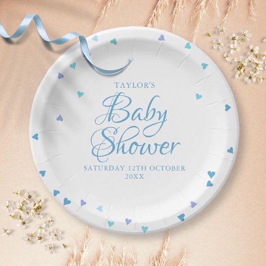 Moderne Blauwe Liefdesharten Baby Shower Strooikri Papieren Bordje