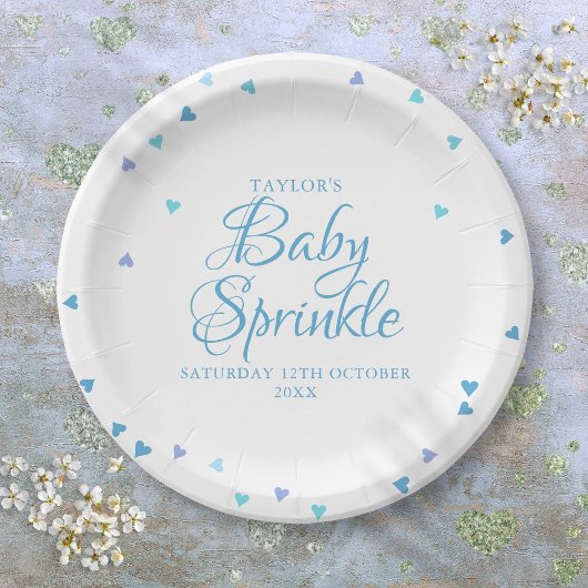 Moderne Blauwe Liefdesharten Baby Shower Strooikri Papieren Bordje