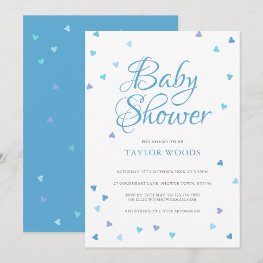 Moderne Blauwe Liefdeshartjes Baby Jongen Shower / Kaart (Voorkant / Achterkant)