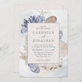 Moderne Blauwe Marine Koraal Zeeschelpen Bruiloft Kaart (Voorkant / Achterkant)