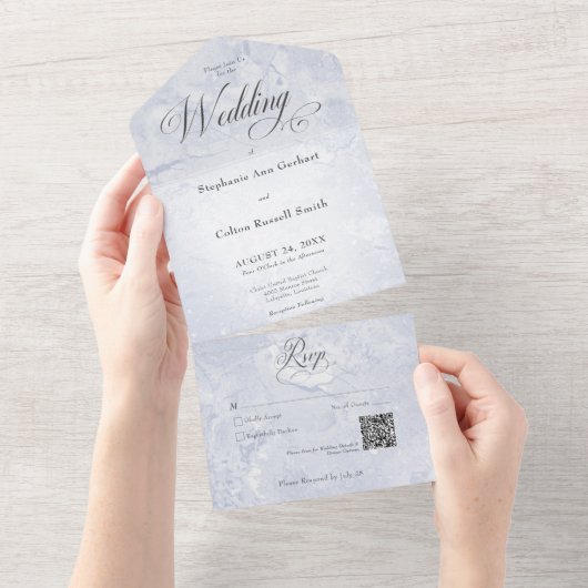 Moderne blauwe marmer Minimale QR-code All In One Uitnodiging (Afscheurbaar)