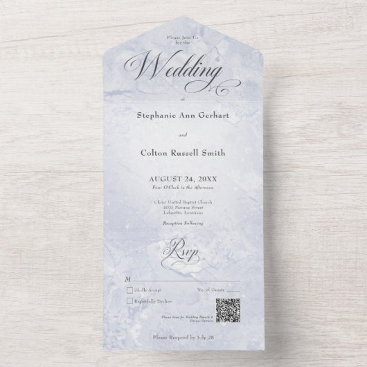 Moderne blauwe marmer Minimale QR-code All In One Uitnodiging (Binnen)