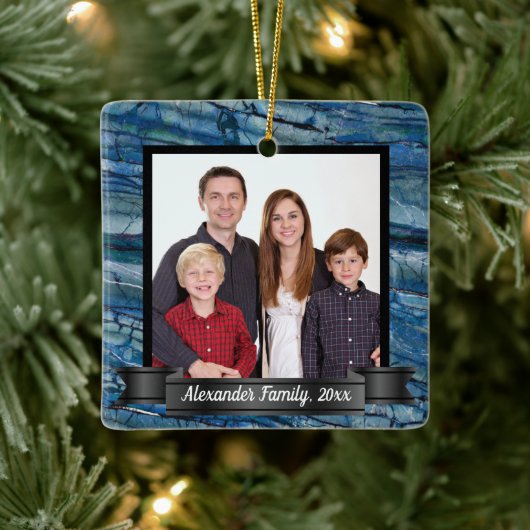 Moderne Blauwe Marmeren Aangepaste Foto Keramisch Ornament (Boom)