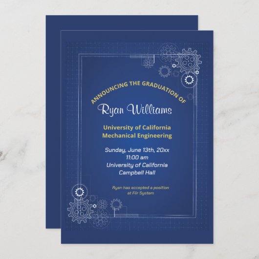 Moderne Blauwe Mechanische Ingenieur Afstudeerfees Kaart (Voorkant / Achterkant)