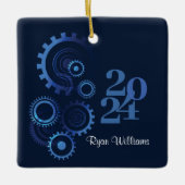 Moderne Blauwe Mechanische Ingenieur Afstudeerfees Keramisch Ornament (Voorkant)