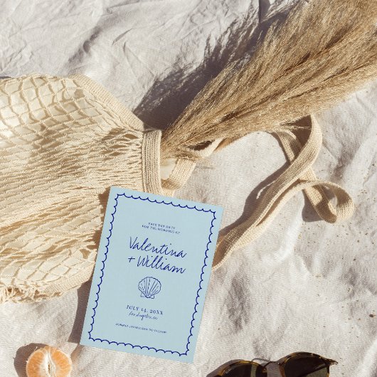 Moderne blauwe mediterrane schaal Bewaar de datum Kaart